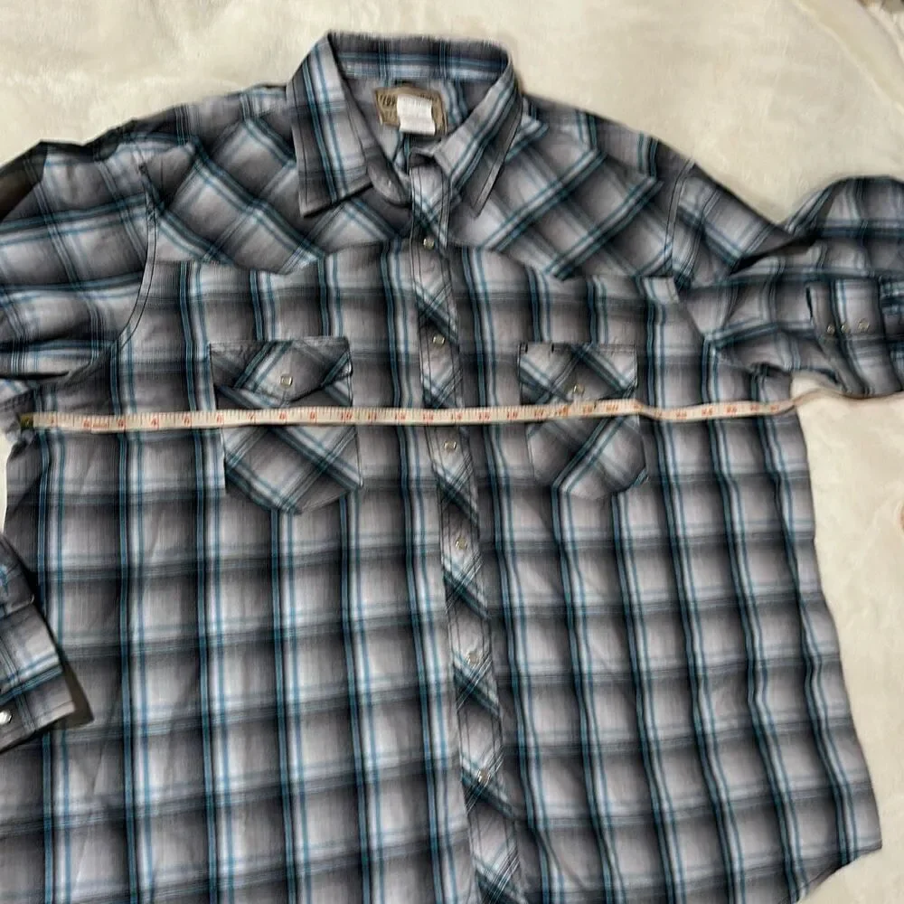 Wrangler 2XL black gray turquoise plaid pearl snap western shirt